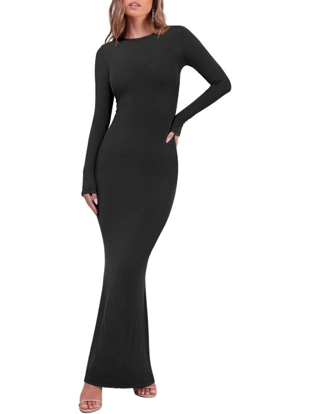 Chic Long Sleeve Ribbed Bodycon Maxi Dress for Women - Perfect for Any Occasion